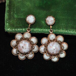 Antique/Vintage Pink & White Mottled Art Glass Dangle Screw-back Earrings